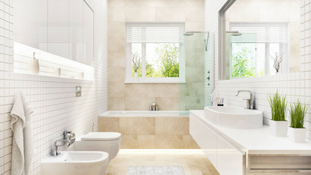 Spacious modern white bathroom with lots of light and green plants. 