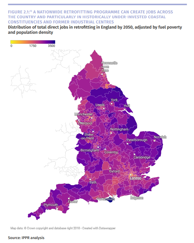 Map of the UK showing projected jobs in retrofit by 2050 of each region