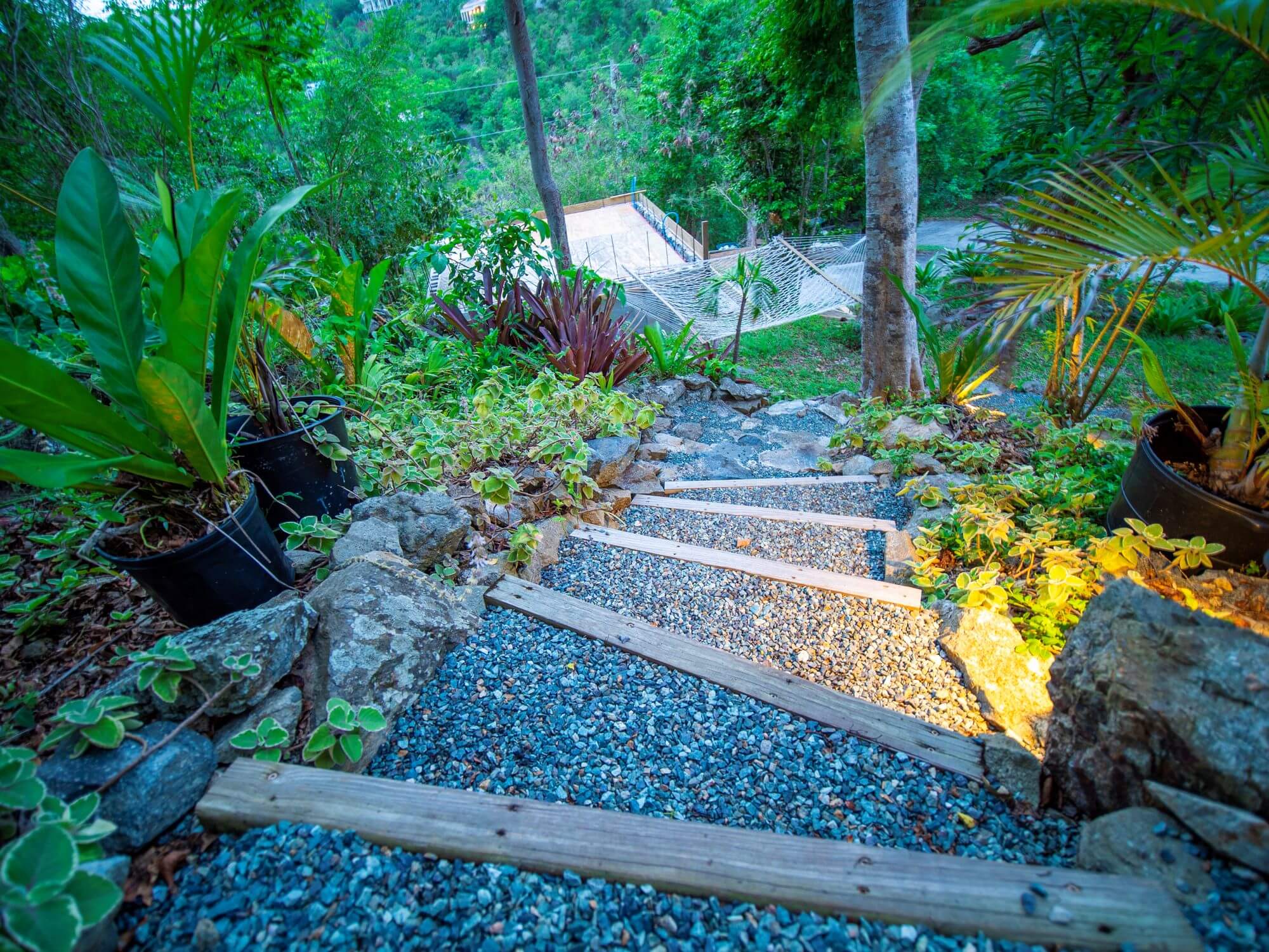 forested garden steps leading down.