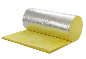 A roll of yellow insulating wool, silver foil is on one side of the layers.